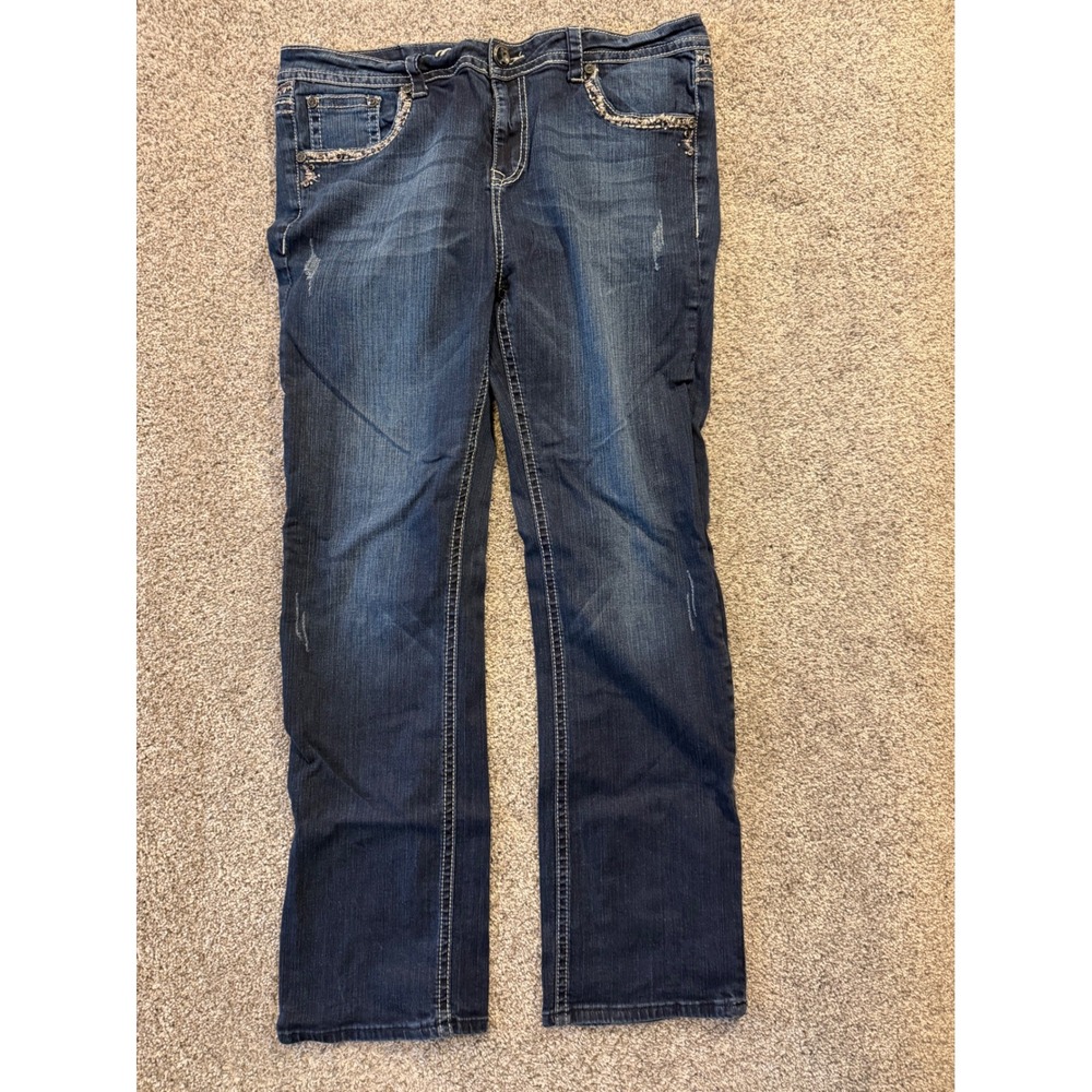 Grace in LA Jeans Women 19 Blue Bootcut Embroidered Dark Wash Denim Distressed